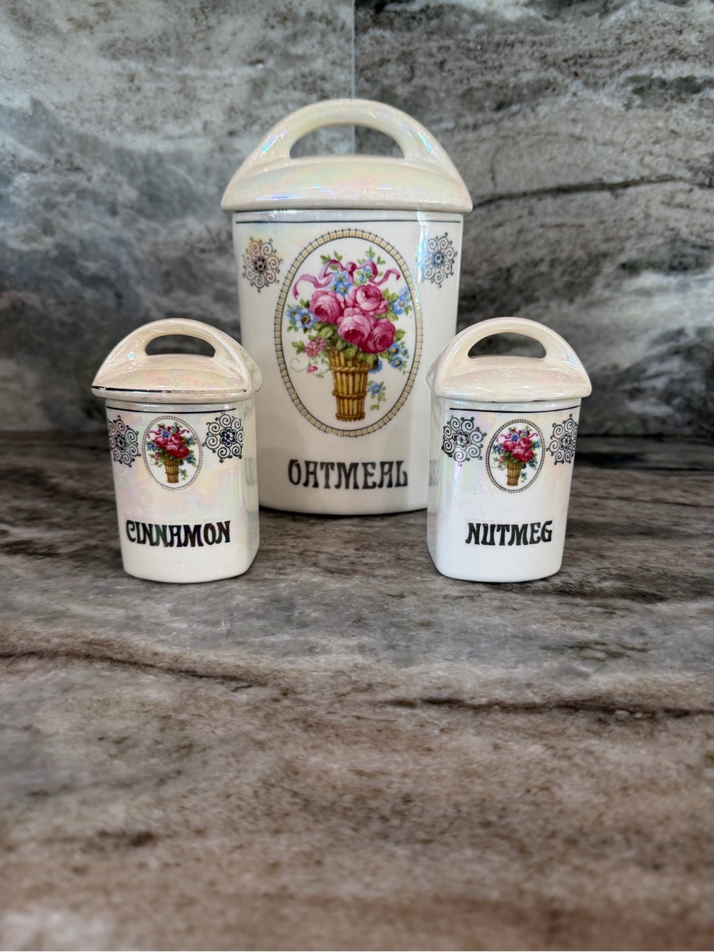 Vintage Czechoslovakia Floral Oatmeal Cinnamon Nutmeg Canister Set